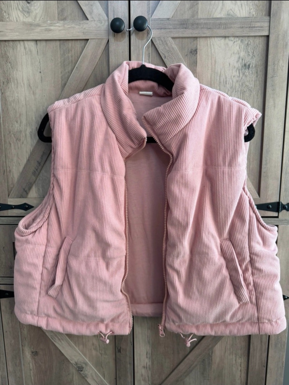 Women's Pink Corduroy Quilted Vest with High Collar